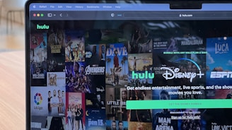 A laptop screen displays a web page featuring a mix of movie and TV show covers, highlighting popular titles and a Hulu and Disney+ bundle promotion. There are visible icons and images of films and shows alongside promotional text offering entertainment and live sports.