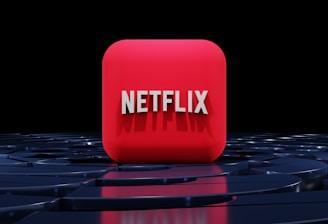 A red, cube-shaped icon with the word 'NETFLIX' prominently displayed in white, bold letters. The cube is set against a dark, glossy, circular patterned background, reflecting a sleek, futuristic design.